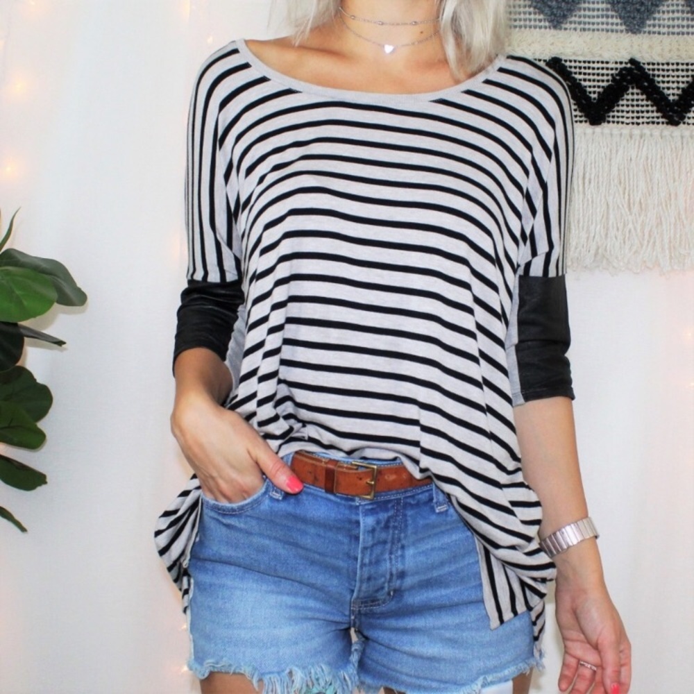 Club Monaco gray striped leather sleeve tee